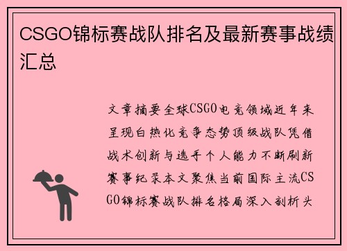 CSGO锦标赛战队排名及最新赛事战绩汇总