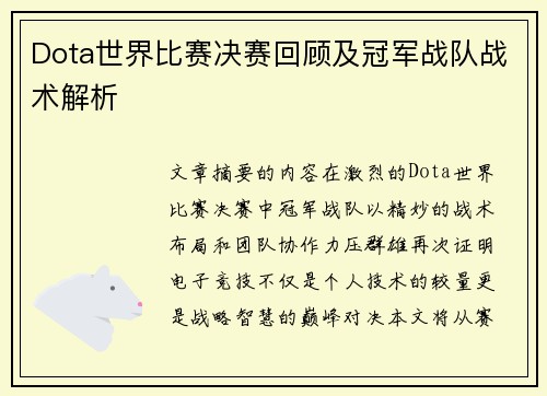 Dota世界比赛决赛回顾及冠军战队战术解析